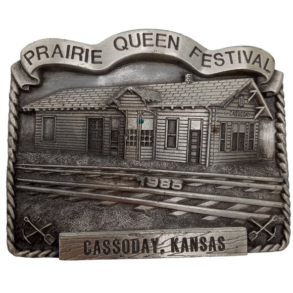 ATSF Train Depot Belt Buckle Cassoday KS 1985 Prairie Queen Festival Vintage - Picture 1 of 10